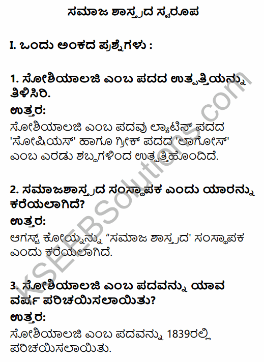 1st PUC Sociology Question Bank Chapter 1 Nature of Sociology in Kannada 1