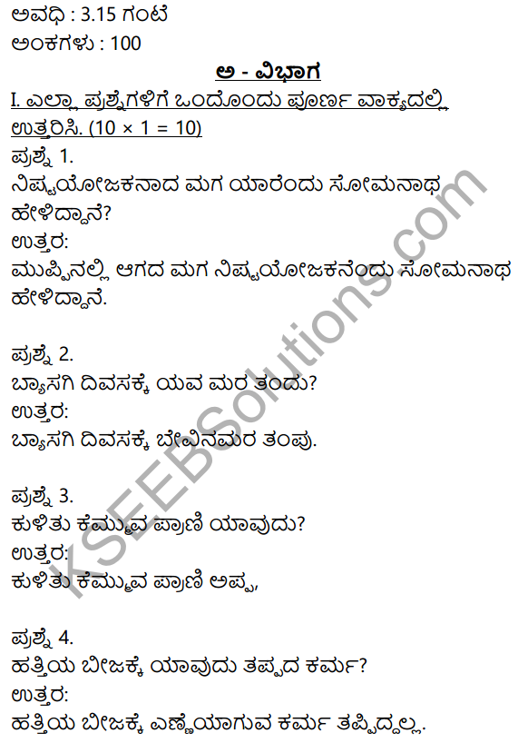 2nd PUC Kannada Model Question Paper 2 with Answers 1